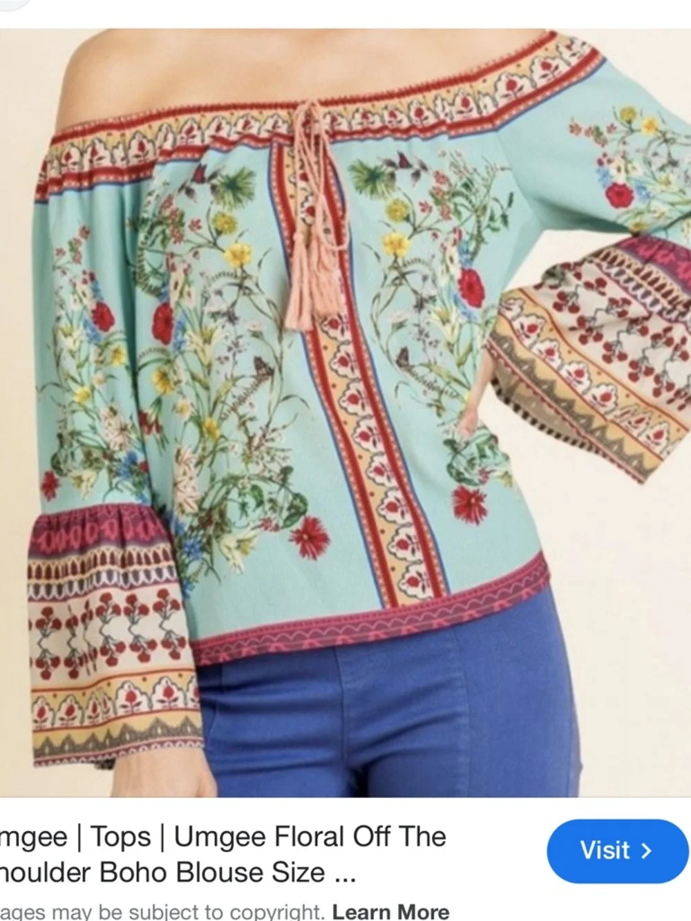 Umgee Mint Off-Shoulder Floral Peasant Blouse with Coral Trim - Picture 2 of 7